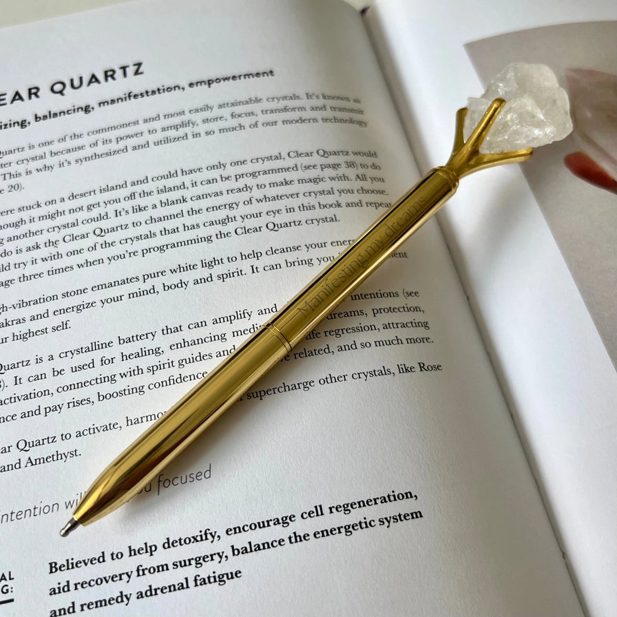 Guldfarvet kuglepen med bjergkrystal til journaling og manifestation