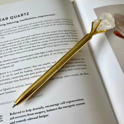 Guldfarvet kuglepen med bjergkrystal til journaling og manifestation