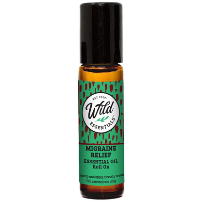 Migraine Relief aromaterapi roll-on i brunt glas med sort låg, til lindring af hovedpine