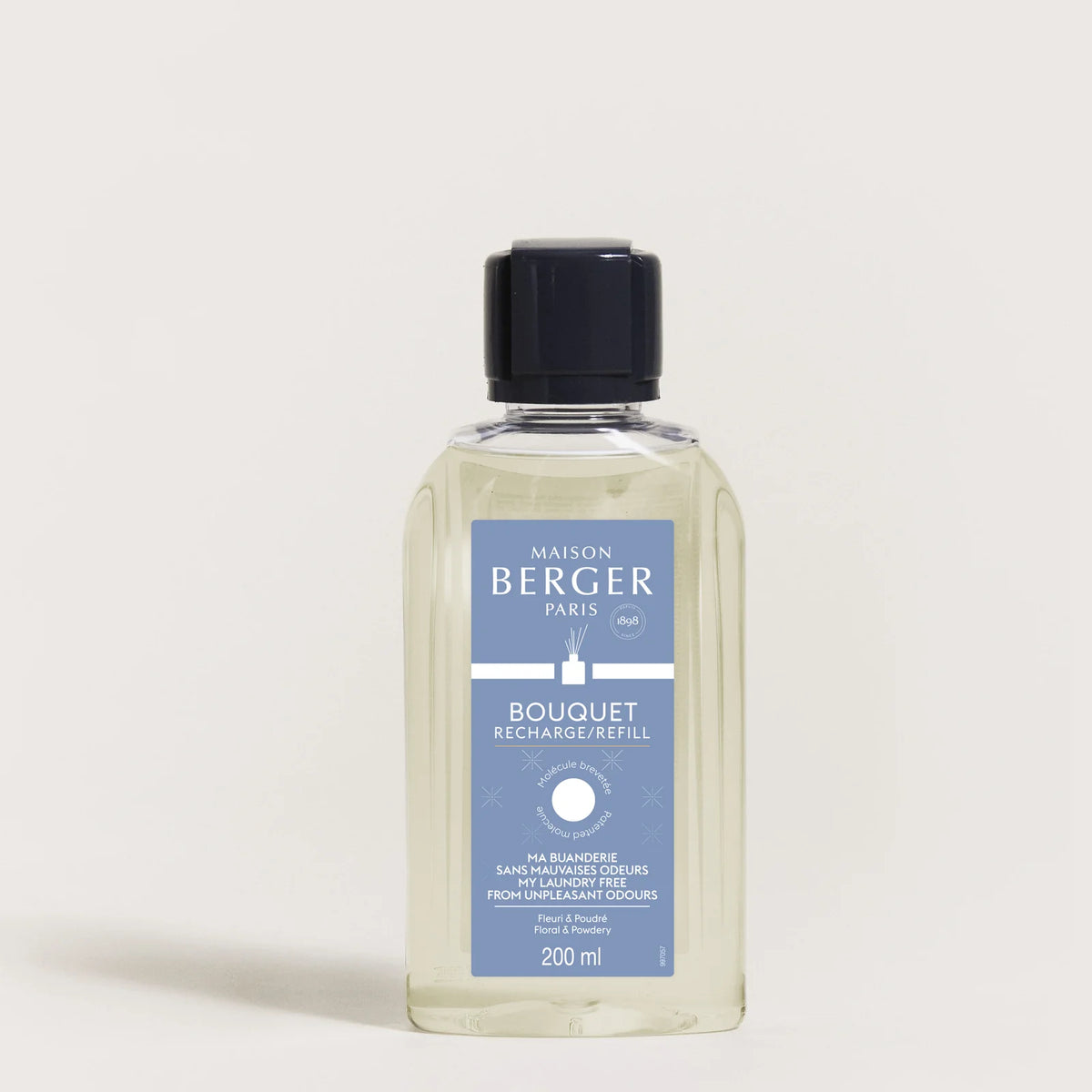 Refill til duftpinde med Maison Berger logo og blå etikette