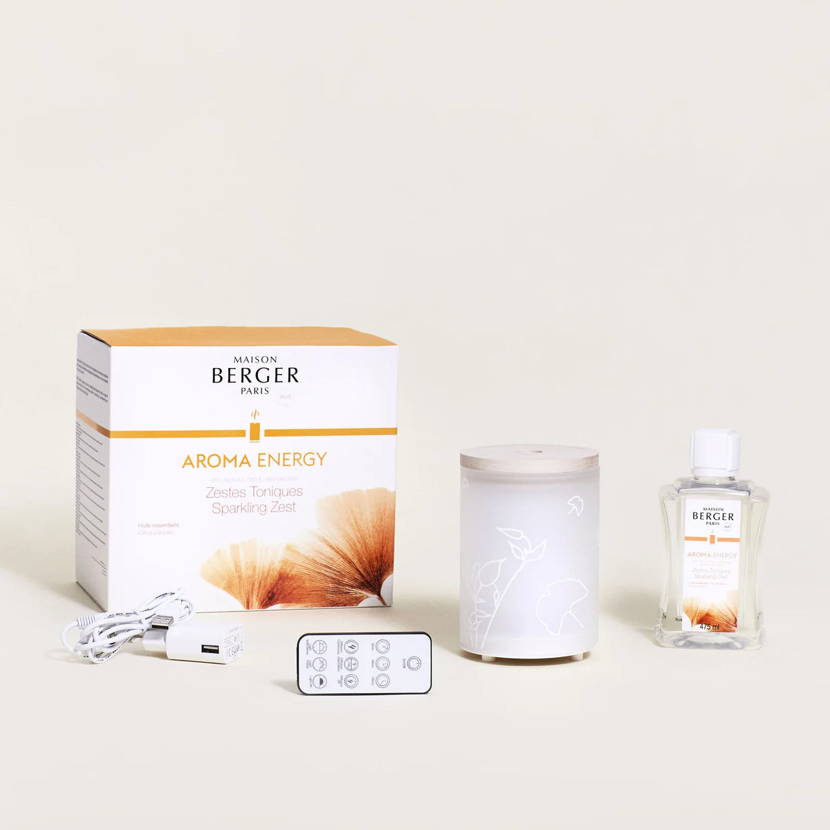Aroma Energy Diffuser-sæt fra Maison Berger Paris – en opkvikkende aromaterapi-oplevelse, hvor citrus, ingefær og varme noter giver nyt liv og positiv energi til dine rum.
