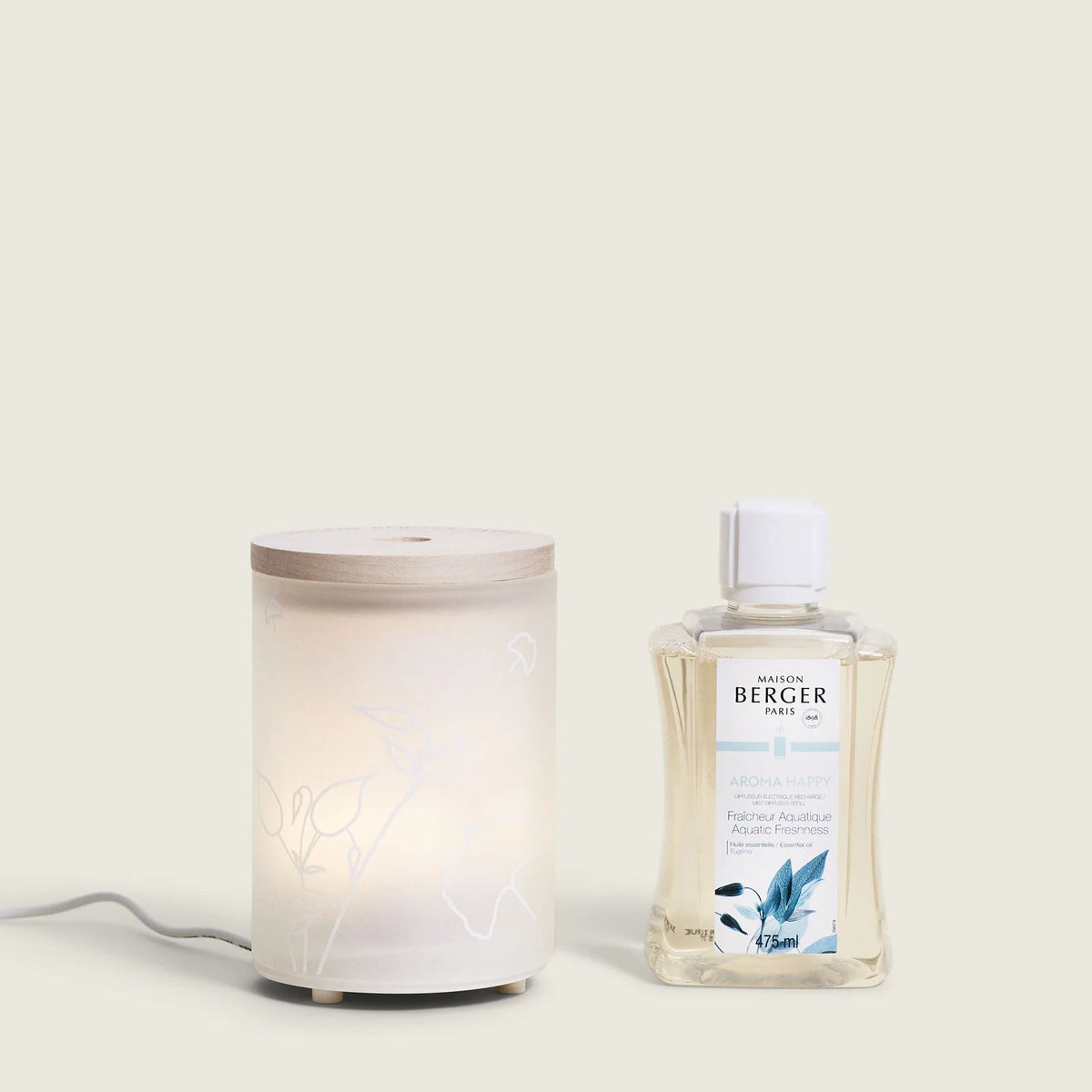 Aroma Happy Diffuser-sæt fra Maison Berger Paris – en opløftende aromaterapi-oplevelse, der skaber en let, positiv og energifyldt stemning i hjemmet eller på kontoret