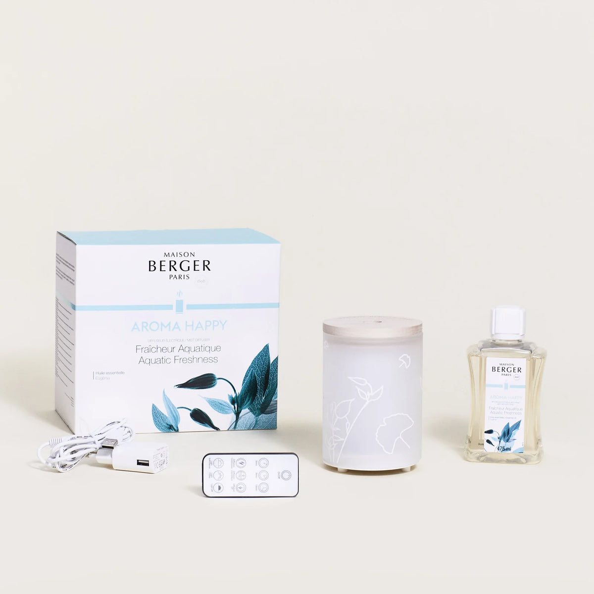 Aroma Happy Diffuser-sæt fra Maison Berger Paris – en opløftende aromaterapi-oplevelse, der skaber en let, positiv og energifyldt stemning i hjemmet eller på kontoret