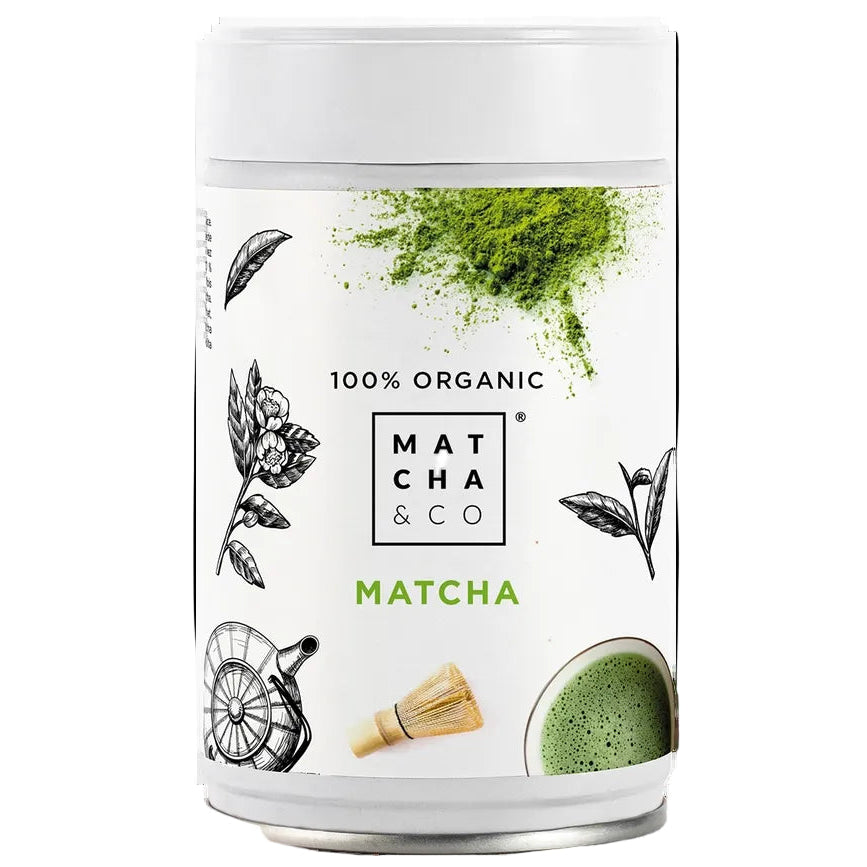 Økologisk matcha te i hvid emballage med grøn matcha pulver
