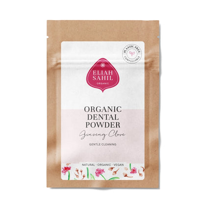 Økologisk tandpulver med ginseng &amp; nelliker i genbrugspakning, naturlig tandpleje uden fluor