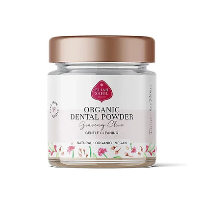 Økologisk tandpulver med ginseng &amp; nelliker i glasbeholder, naturlig tandpleje uden fluor