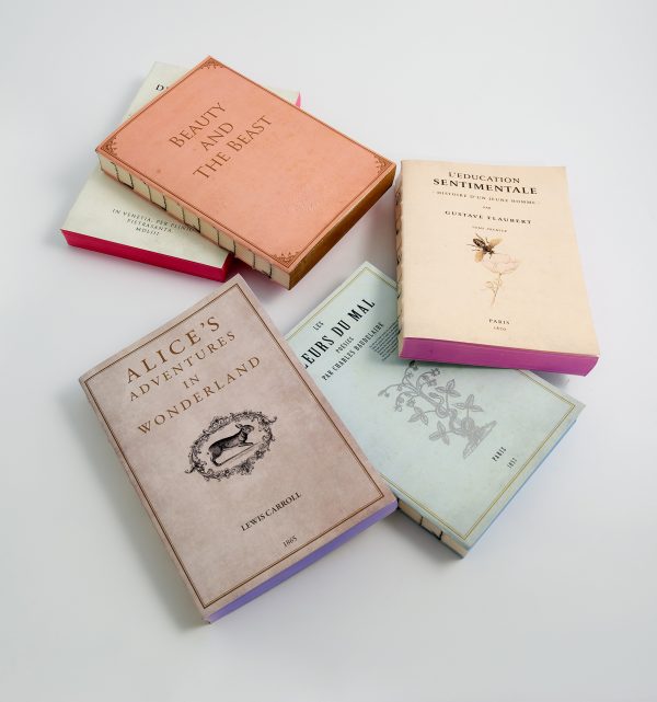 Kollage af vintage bogreoler med klassiske litterære bøger, inspireret af Notesbog Tender Is the Night, ideel til litterære noter