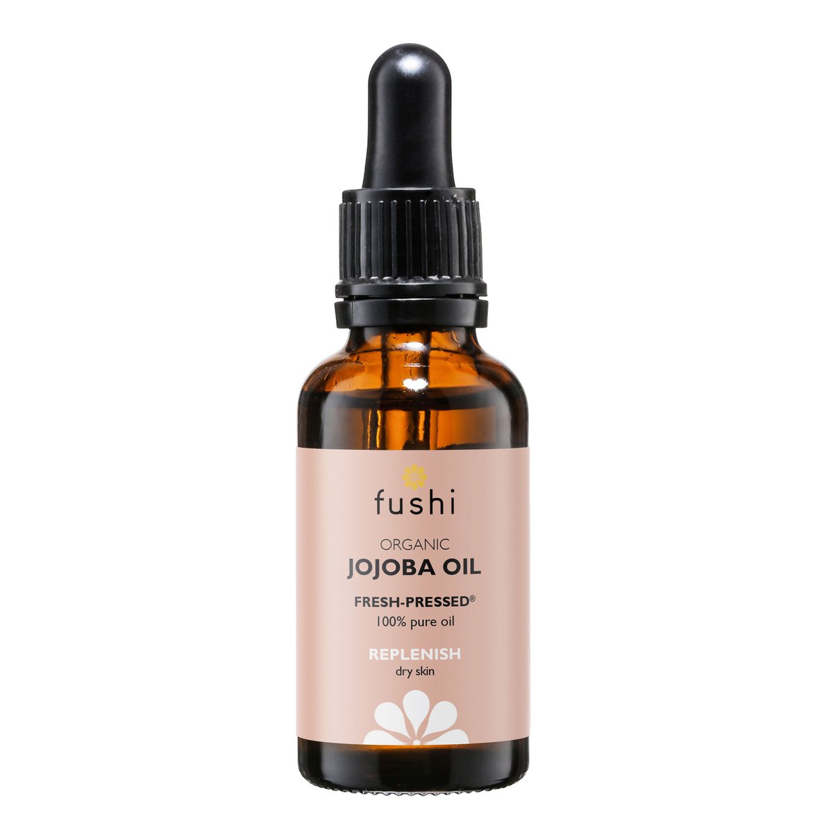 Økologisk jojoba olie fra Fushi i brunt glasflaske med dråbetænger til hud og hårpleje