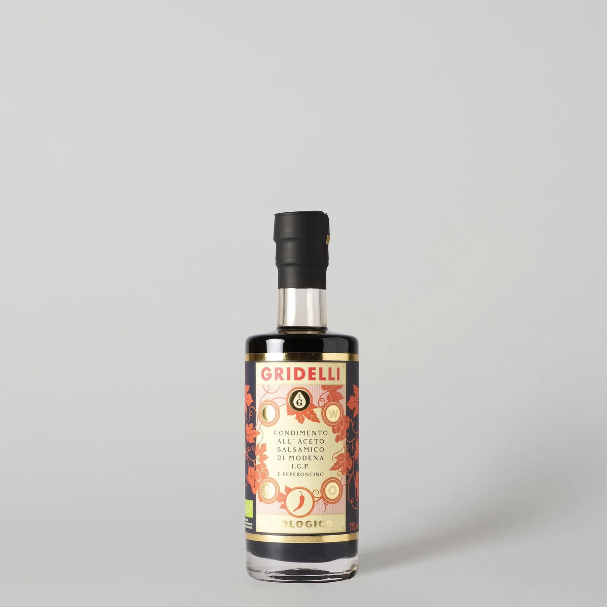 Økologisk mørk chili balsamico fra Modena i glasflaske med etikette