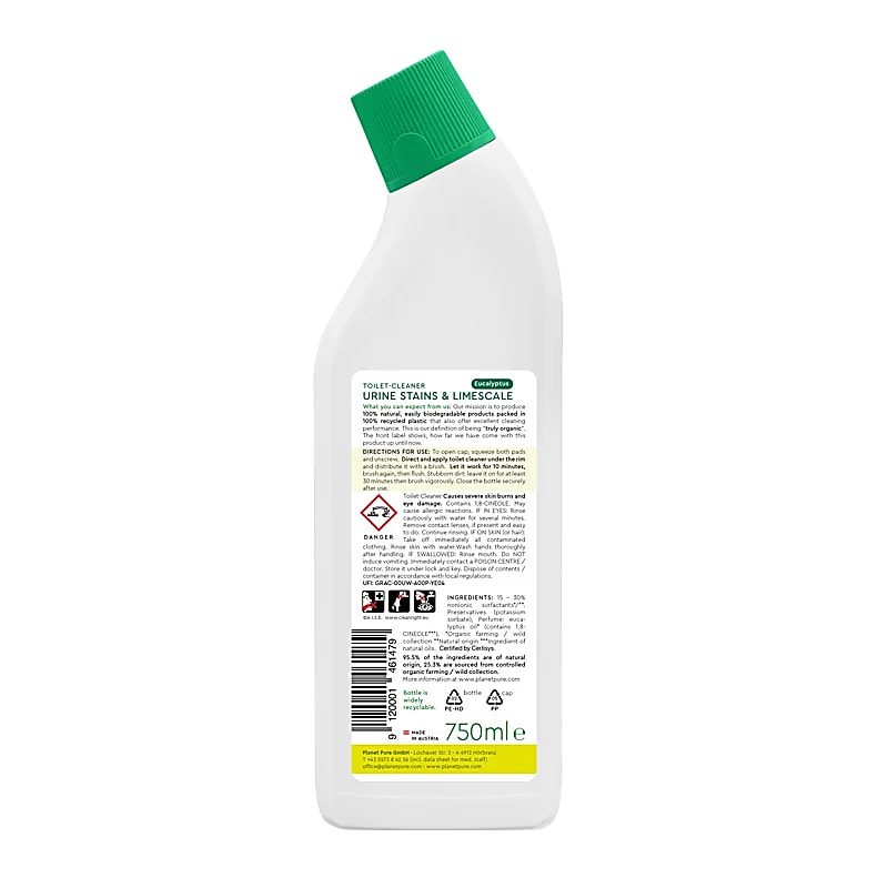 Bagside af økologisk toiletrens med information om ingredienser og anvendelse