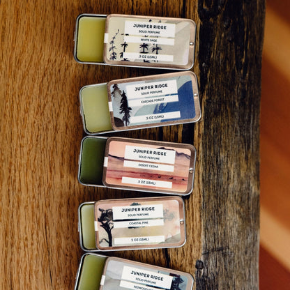 Solid parfume Cascade Forest, naturlig unisex duft med fyr, gran og skov, rejsevenlig balm