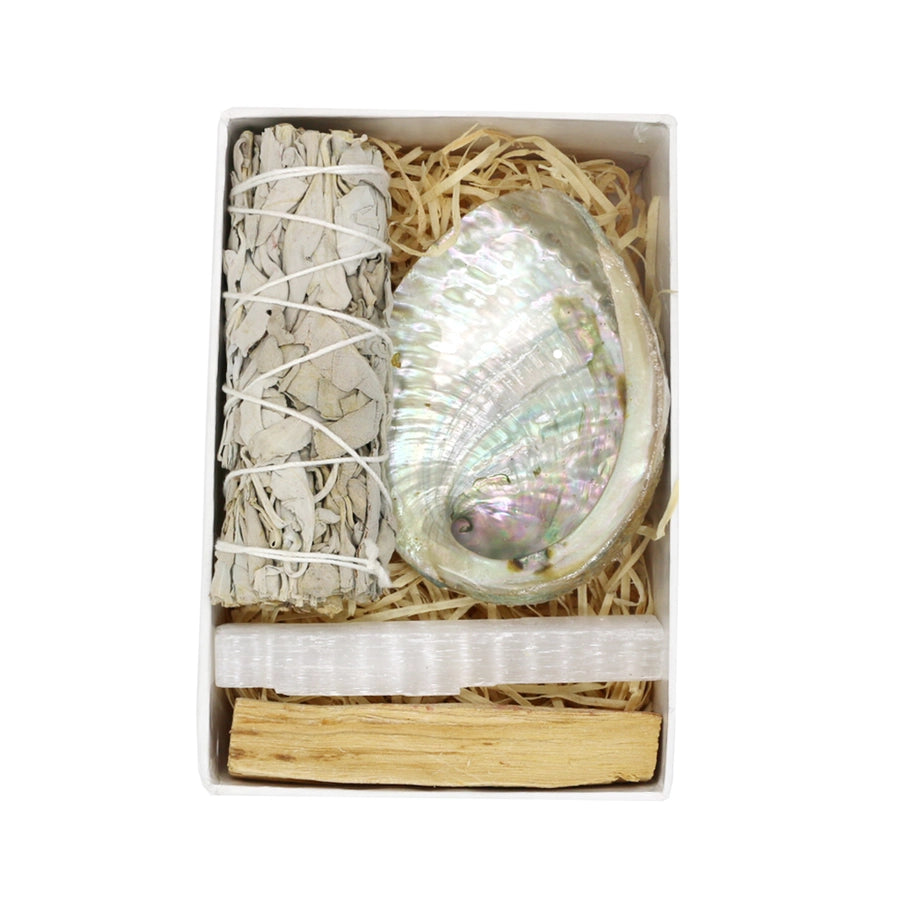 Smudging sæt med salvie, selenit, Palo Santo og abalone muslingeskal