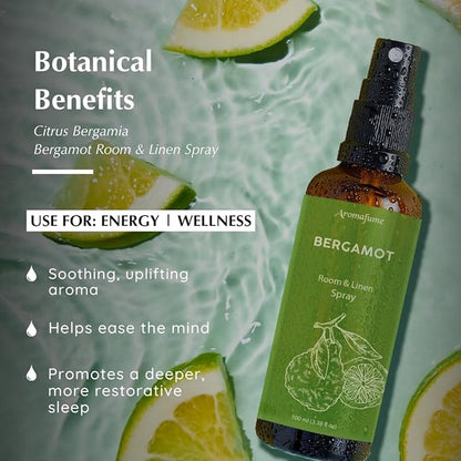 Aromafume Roomspray med Bergamot – naturlig duftspray med æteriske olier. Frisk citrusduft, der skaber energi, ro og balance i hjemmet.