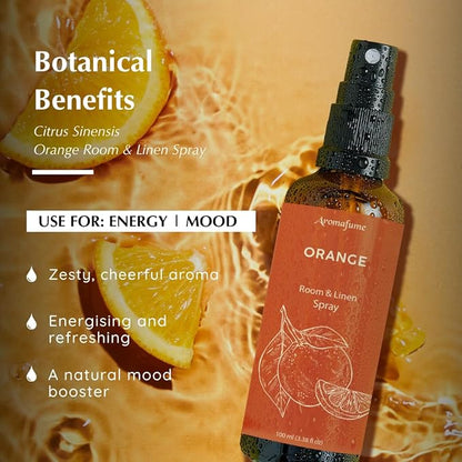 Aromafume Roomspray med Orange – naturlig citrusduft med æteriske olier. Skaber friskhed, energi og glæde i hjemmet. Vegansk &amp; miljøvenlig.