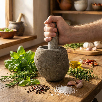 Krydderier og urter omkring morter i natursten