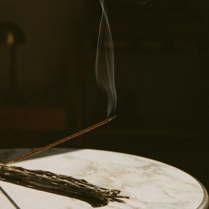 Tændt White Sage røgelse med røg, der stiger op, til meditation og hjemmeduft