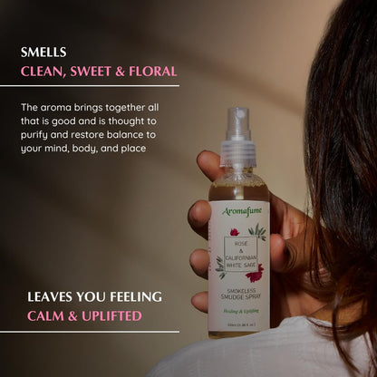Aromafume Smudge spray med salvie og roser i hvid sprayflaske, naturlig hjemmeduft til energirensning