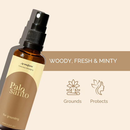 Aromafume Palo Santo roomspray i brunt glasflaske med naturlige krystaller og træpinde til hjemmeduft