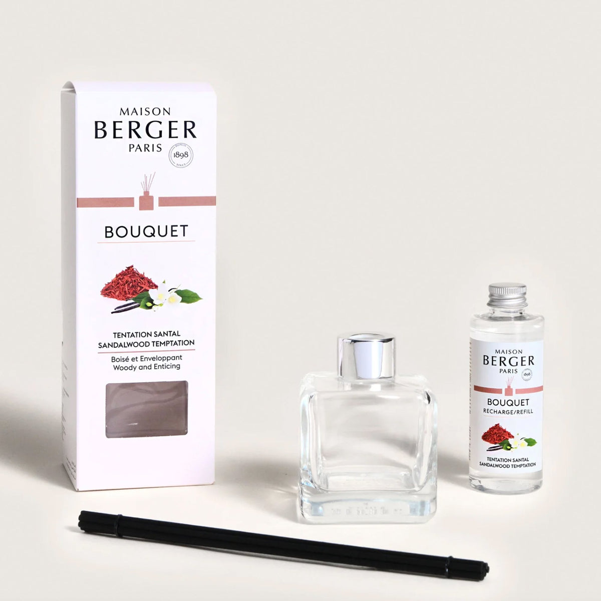 Maison Berger duftpinde med Sandalwood Temptation i cube flakon