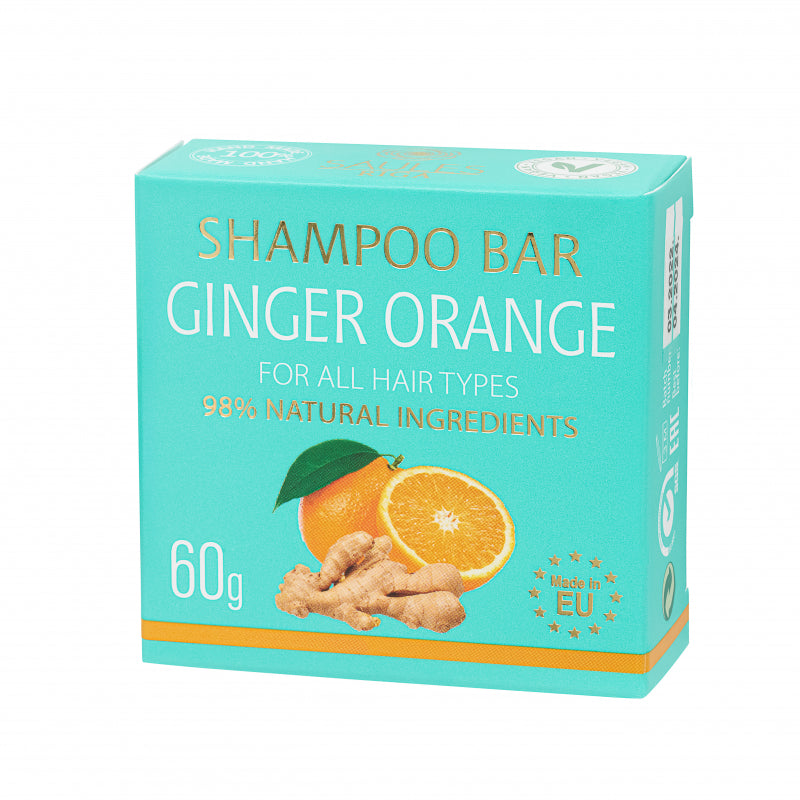 Bæredygtig shampoo bar med ingefær og appelsin i blå æske