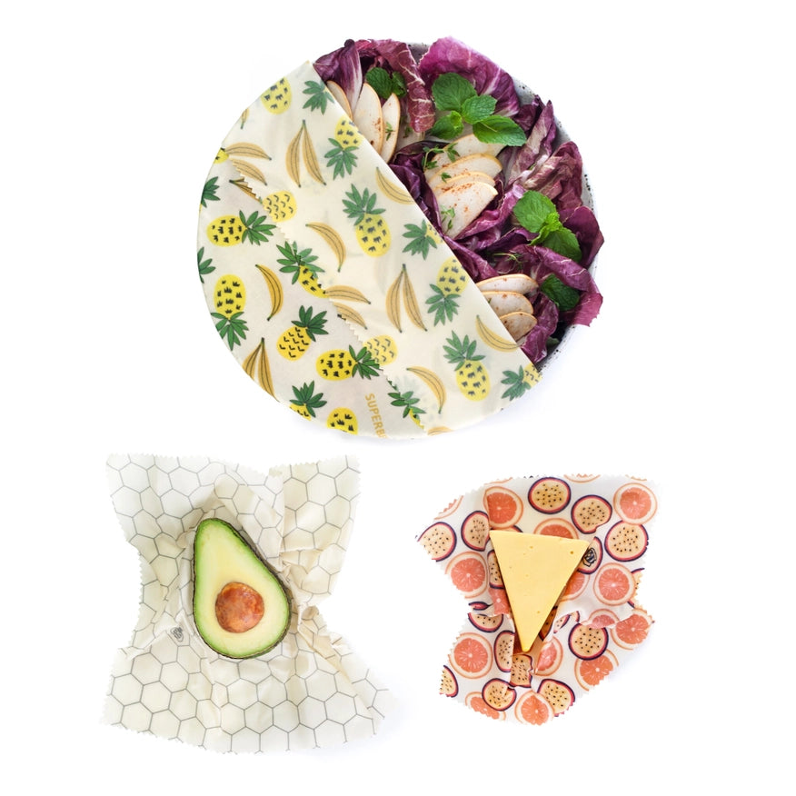 Bivoks wraps med frugtprint til madindpakning og opbevaring