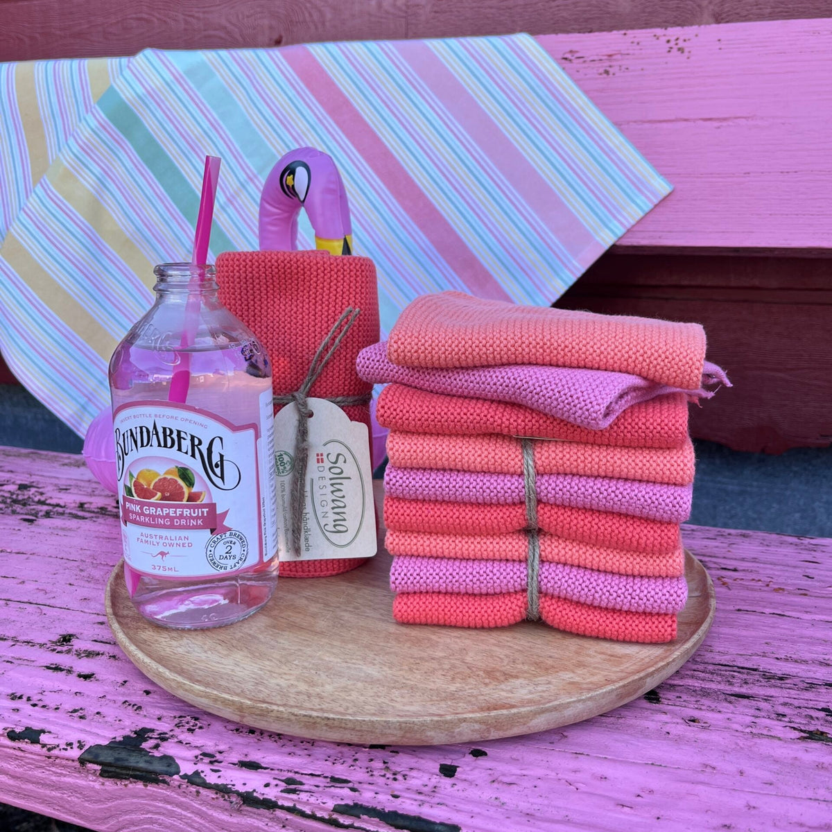 Pink og lilla karklude, 3 stk, strikkede, genanvendelige, øko-bomuld