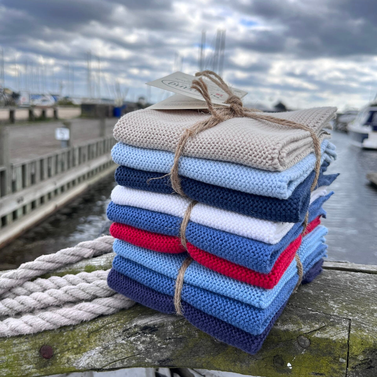 Farvede karklude i blå, beige og navy, økologisk bomuld, 3 stk, udendørs