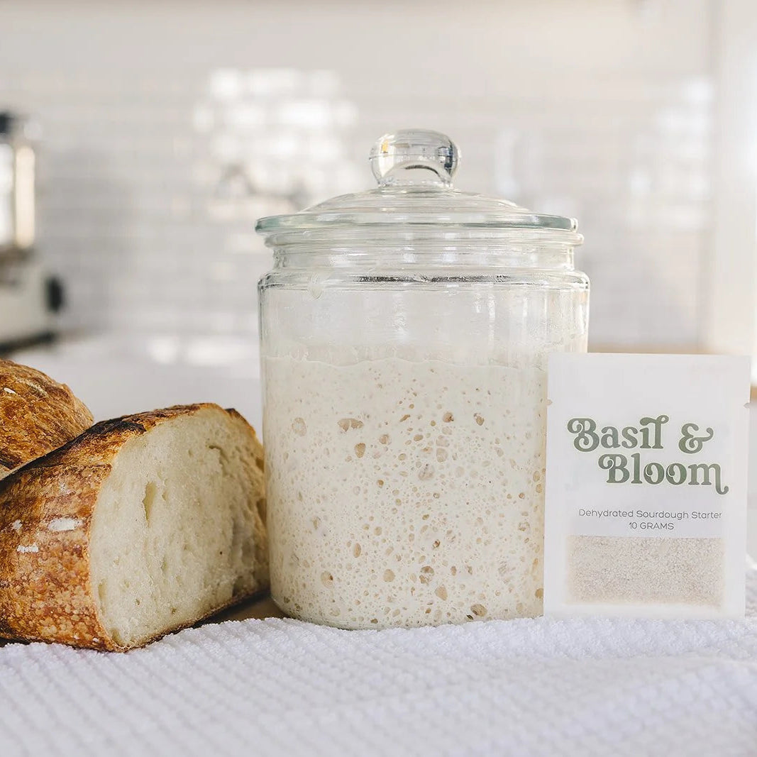 Økologisk dehydreret surdejsstarter i glas med brød