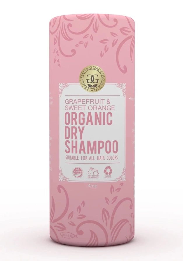 Pink emballage af økologisk tørshampoo med grapefrugt &amp; appelsin, suitable for alle hårfarver