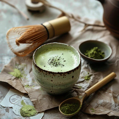 Matcha te med bambus piskeris i japansk teceremoni