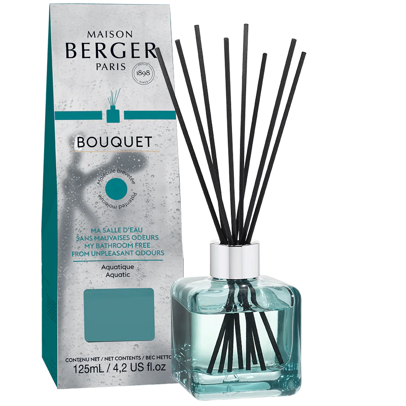 Maison Berger duftpinde med Cube flakon og sorte duftpinde til badeværelset