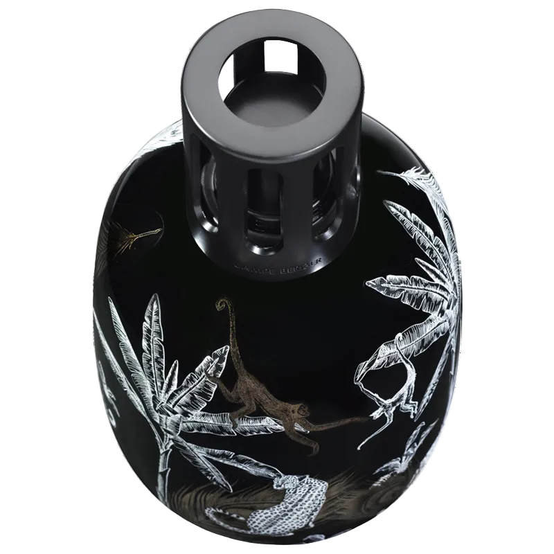 Detaljeret sort porcelænsduftlampe med jungle- og dyremotiver