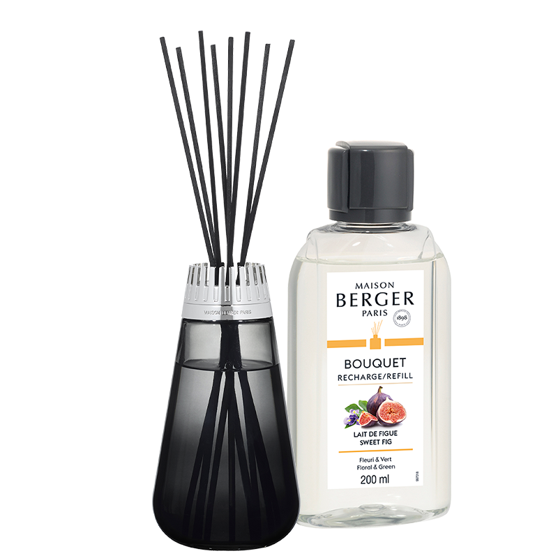 Sweet Fig Duftpinde - Amphora Flakon, Black &amp; 200ml. Duft Refill - Frugt duft - Maison Berger