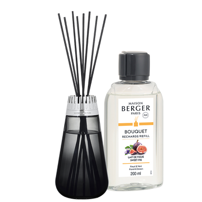 Sweet Fig Duftpinde - Amphora Flakon, Black &amp; 200ml. Duft Refill - Frugt duft - Maison Berger
