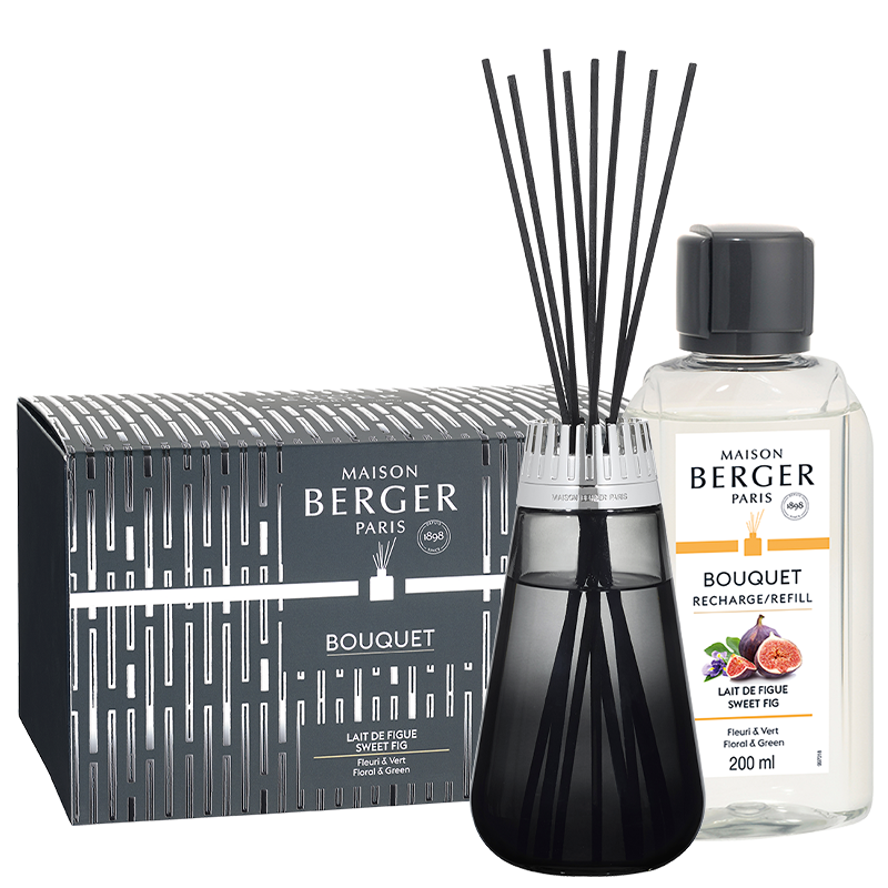 Sweet Fig Duftpinde - Amphora Flakon, Black &amp; 200ml. Duft Refill - Frugt duft - Maison Berger