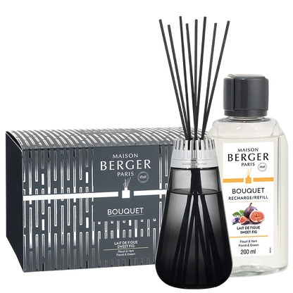 Sweet Fig Duftpinde - Amphora Flakon, Black &amp; 200ml. Duft Refill - Frugt duft - Maison Berger