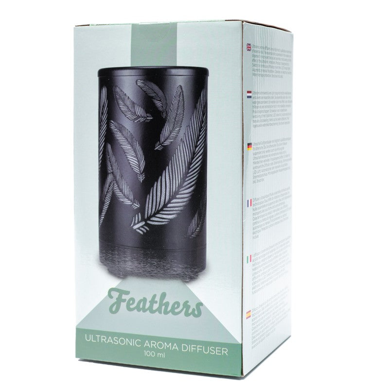 Startsæt med Mist &amp; Aroma Diffuser med fjer motiv &amp; med indbygget LED lys i 7 farver.