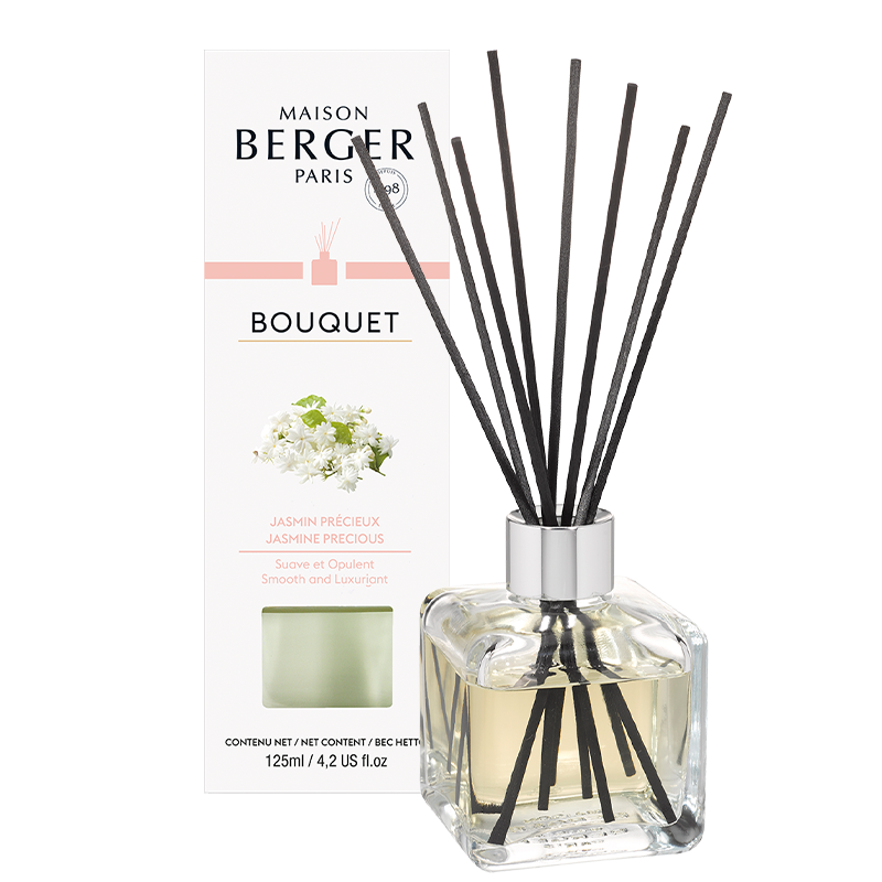 Maison Berger duftpinde med Precious Jasmine, Cube flakon, hjemmeduft, blomsterduft, elegant design