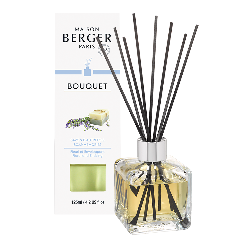 Maison Berger duftpinde med Soap Memories, Cube flakon, hjemmeduft, dekorativ reed diffuser